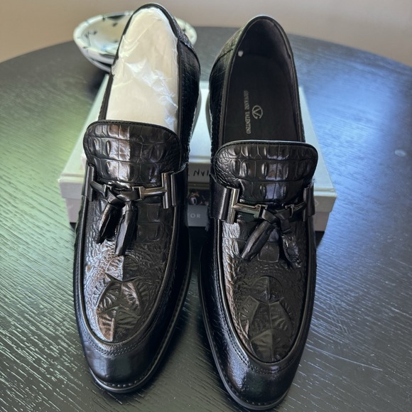 Giovanni Valentino Men\'s Black Loafers | Croc Embossed Size 8 Top-Grain Leather